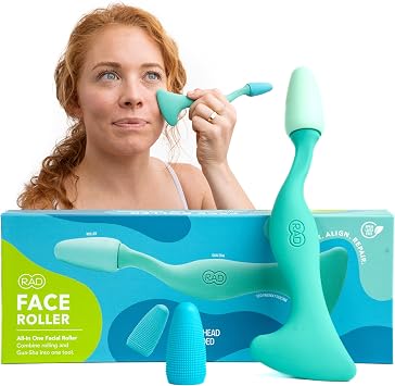 RAD Rodillo facial 2 en 1, opciones de cabeza de rodillo de silicona texturizada y suave, apto para congelador para tratamiento frío, arrugas, levantamiento y drenaje linfático, inspirado en el