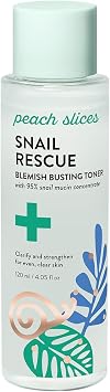 Peach Slices - Tónico para eliminar imperfecciones Snail Rescue (4.05 oz) - Concentrado de mucina de caracol al 95% - Aclara, fortalece, equilibra - Ácido hialurónico y CICA - Limpio y libre de crueldad - Cuidado y belleza coreanos de la piel