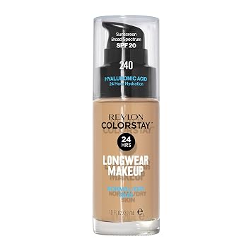 Revlon Base Líquida, Maquillaje Facial ColorStay para Piel Normal y Seca, SPF 20, Cobertura Media-Completa de Larga Duración con Acabado Natural, 240 Beige Medio, 1 Fl Oz