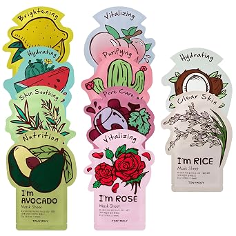 TONYMOLY Mascarillas faciales con texto en inglés "I'm Face Sheet Masks" - Hidratante y calmante para el cuidado de la piel