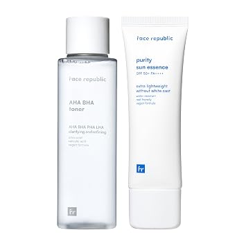 Face Republic Exfolia y protege - Tóner AHA/BHA + Esencia Solar Purity | Refinación de poros, tóner clarificante | Protector solar UV de amplio espectro SPF 50+ | Cuidado de la piel coreano vegano