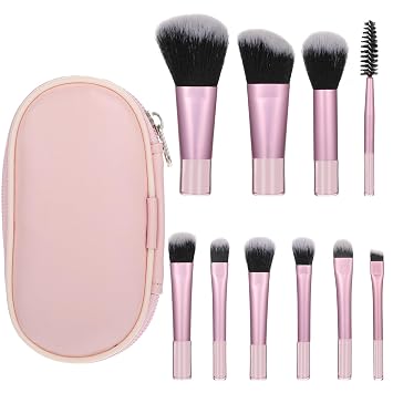 Juego de 10 brochas de maquillaje de viaje, color rosa, portátil, de función completa, kit cosmético con bolsa para brochas, juego de brochas de maquillaje profesional para mujeres y niñas, brocha para rubor, polvo, sombra de ojos