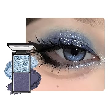 Paleta de sombras de ojos Crystal Blue & Deep Sapphire Shimmer Dúo, 2 colores azul ahumado, sombra de ojos suave, mezclable, de larga duración, tono fresco, mini paleta de sombra de ojos de viaje para looks de fiesta glamorosa 2#