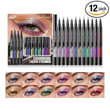 12 Colors Liquid Eyeliner Pen Set,Shimmer Glitter Pigmented Eyeliner Pencil