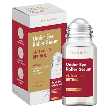 Bella Beauty Suero de retinol para debajo de los ojos, rodillo reafirmante y suavizante para hinchazón y ojeras, probado por dermatólogos, cuidado de la piel coreano antienvejecimiento, vegano, belleza limpia, sin OMG, 1.69 onzas líquidas