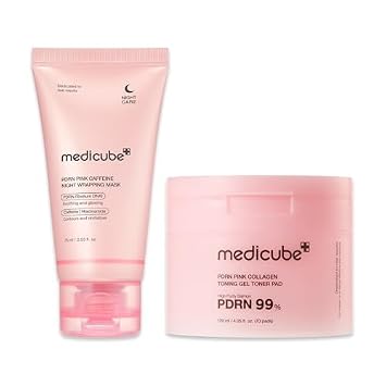 medicube Pink PDRN Day & Night Care Duo: Salmon DNA PDRN Caffiene Overnight Wrapping Peel Off Mascarilla Facial y Salmón DNA PDRN Pink Collagen Jelly Pad