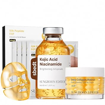 SUNGBOON EDITOR Tone & Glow HOMETOX Trio para piel de aspecto uniforme, máscara dorada, ampolla de ácido kójico y crema de cápsula de colágeno, juego de regalo coreano para el cuidado de la piel para