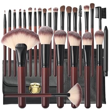 Juego de brochas de maquillaje con 2 bolsas de piel sintética, 26 piezas, color rojo