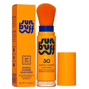 Sun Buff Cepillo de Protector Solar en Polvo SPF 30 – Protector solar mineral para cuero cabelludo, cara y cuerpo – Resistente al agua 80 minutos | Polvo con Cepillo, protección UVA UVB con óxido de