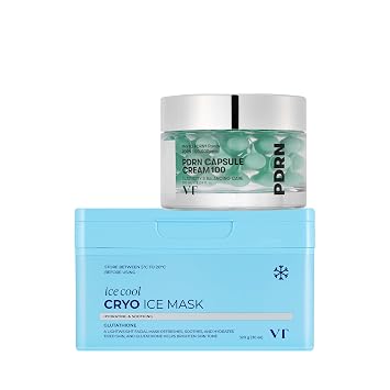 VT COSMETICS Juego de dúo de cuidado de la piel refrescante e hidratante de verano, máscara Cryo Ice Cool para enfriar, deshinchar y calmar el cuidado + crema de cápsula PDRN para hidratar, rellenar y