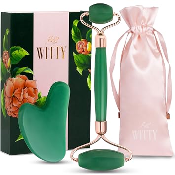 WITTY Juego de rodillo facial de jade y Gua Sha en caja de regalo dibujada a mano, piedra Gua Sha, rodillo masajeador facial, herramientas de raspador facial de masaje de belleza, herramienta Guasha