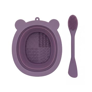 Almohadilla limpiadora de brochas de maquillaje de silicona con texturas para fregar, forma de oso, morado, incluye espátula de limpieza (morado)