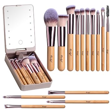 Oneleaf Juego de brochas de maquillaje de viaje, base, correctores de polvo, sombras de ojos, juego de maquillaje con espejo de luz LED, 14 piezas de mini brochas de maquillaje (bambú)