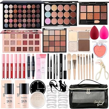 Kit de maquillaje todo en uno para mujeres, adolescentes y niñas, paquete completo de regalo de maquillaje incluye paleta de sombras de ojos, base, delineador de ojos, barra de contorno, brillo de