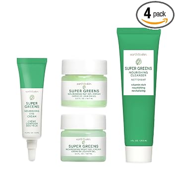 Earth To Skin Super Greens Starter Set: limpiador nutritivo (1.0 onzas líquidas), crema de gel de día (0.5 onzas líquidas), crema de gel de noche (0.5 onzas líquidas) y crema de ojos (0.23 onzas