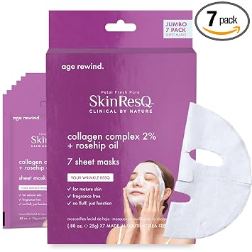 Petal Fresh Skin ResQ Age Rewind - Máscara facial con complejo de colágeno 2% + aceite de rosa mosqueta, paquete de 7 unidades, mascarilla coreana reafirmante para piel madura, hidratante, cuidado de