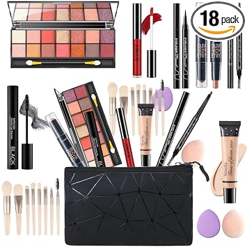 Juego de maquillaje para mujer, kit completo de maquillaje para mujer, juego de maquillaje de viaje, juego de regalo de maquillaje para niñas, paleta de sombra de ojos de 14 colores, 2 brillos de labios, polvo de cejas, barra de contorno, maquillaje facial