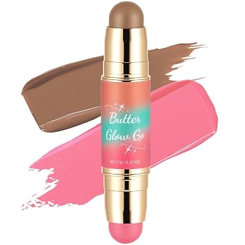 Barra de Rubor y Bronceador de Doble Punta – Maquillaje Cremoso 2 en 1 para Contorno de Mejillas, Fórmula Hidratante Suave, Color Ajustable para un Aspecto Radiante Natural para Mujeres (Sunkissed