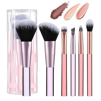 Juego de brochas de maquillaje de viaje, mini brochas de maquillaje para base, corrector, sombra de ojos, rubor, mezcla y pulido, polvo líquido en crema, 6 piezas, tamaño de viaje, función completa, kit de pinceles cosméticos con estuche