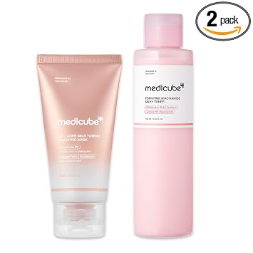 medicube Dúo de piel de dona glaseada lechosa: máscara de envoltura de brillo lechoso esmaltado con colágeno y tóner lechoso de niacinamida rosa PDRN | Tóner y máscara que aumentan la humedad para una piel brillante de vidrio radiante