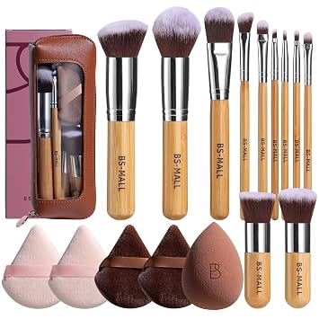 BS-MALL Juego de 11 brochas de maquillaje de bambú con cerdas sintéticas, juego de brochas Kabuki, base, polvo, difuminado, corrector, sombras de ojos, rubor, brochas de cosméticos con bolsa