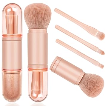 Juego de brochas de maquillaje de viaje: 4 en 1 Mini cepillo de maquillaje lindo retráctil profesional Fundación mezcla polvo sombra de ojos cepillo para mujeres cosméticos faciales maquillaje cepillo conjunto