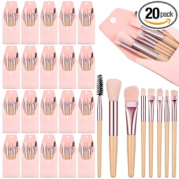 Juego de 20 brochas de maquillaje de viaje, pinceles de maquillaje a granel, pinceles angulares para rubor, mini kit de brochas cosméticas portátiles con bolsa de sobre rosa para regalos de