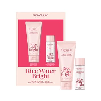 The Face Shop Rice Water Bright - Juego de prueba vegano de doble limpieza, tamaño de viaje, limpiador espumoso y mini aceite de limpieza, cuidado de la piel coreano, limpiador facial suave y control de poros, removedor de maquillaje hidratante