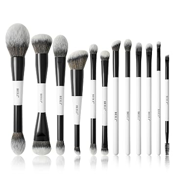 BEILI Juego de 12 brochas de maquillaje de doble cara, 18 en 12 pinceles multiusos para contorno, base, reflejos, rubor, sombra de ojos, delineador de ojos y corrector, kit de viaje blanco y negro para maquillaje diario pulido