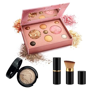 K'APEINE Kit de maquillaje horneado - Paleta de maquillaje marrón de 9 colores, base de polvo horneado y cepillo de maquillaje, kit de maquillaje portátil de larga duración, alto pigmento, impermeable