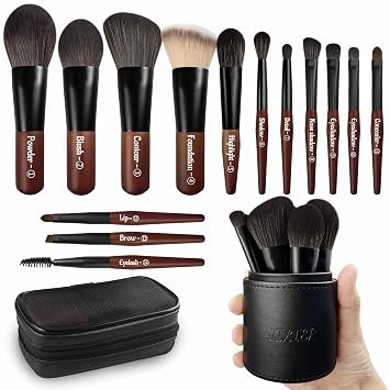 Jilier Juego de brochas de maquillaje de viaje, 14 piezas de mini brochas de maquillaje para base, polvo, sombra de ojos, resaltado, contorno, rubor y corrector, juego de brochas de maquillaje