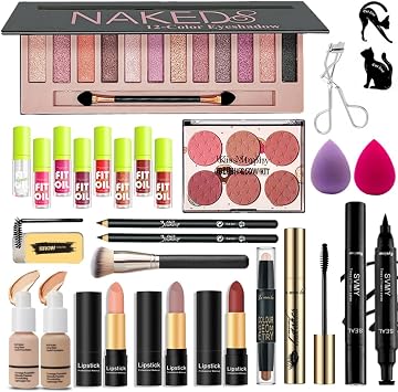 28 piezas Kit completo de maquillaje todo en uno para mujeres, juego de maquillaje para mujeres y principiantes, sombras de ojos, base, pintalabios, delineador de ojos, rímel, jabón de cejas, juego de