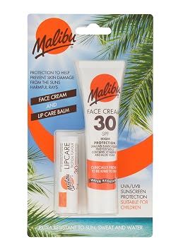 Malibu Duo Pack Protección Solar Crema Facial y Bálsamo Labial SPF 30 Resistente al Agua