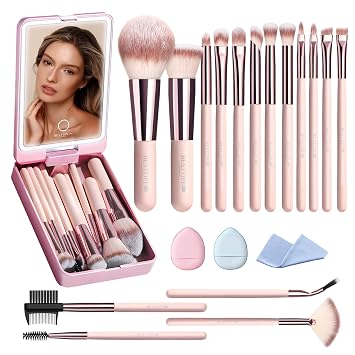 Pinceles de maquillaje con estuche, juego de 20 pinceles de maquillaje de viaje, base corrector rubor sombra de ojos juego de pinceles contorno polvo cejas pestañas kit de pinceles con soporte de