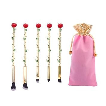 Juego de brochas de maquillaje con forma de flor de rosa, 5 piezas, con bolsa de regalo (dorado)