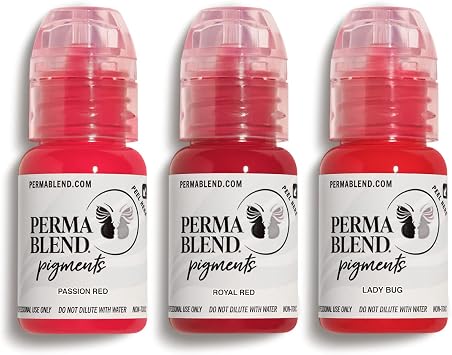 Perma Blend Juego de tinta roja para tatuaje para maquillaje permanente, kit de microblading de rubor labial, suministros de tatuaje para PMU, incluye manzana roja, cereza y cardenal, vegano (0.5 onzas cada uno)
