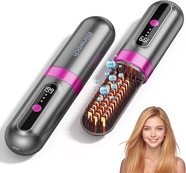 Cepillo alisador de pelo, 300 millones de iones negativos, portátil, inalámbrico, alisador de pelo para mujeres (gris oscuro)