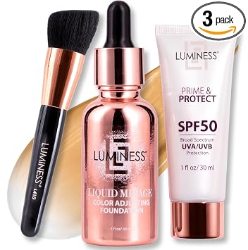LUMINESS Liquid Mirage - Base de ajuste de color, kit de 3 piezas con base SPF 50 y brocha de maquillaje profesional, cobertura para construir, diseñada para pieles maduras