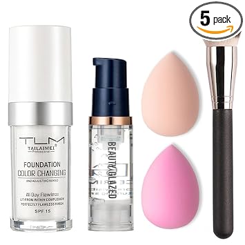 TLM - Juego de maquillaje de 5 piezas que cambia de color para piel madura, fórmula ligera, base de cobertura completa líquida mate con base facial, brocha de base, esponja de maquillaje