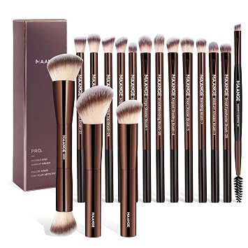 MAANGE Juego de 16 brochas de maquillaje sintéticas de alta calidad, brochas de base para corrector de polvo líquido, mezcla de sombras de ojos de precisión (café)