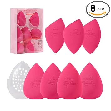 Real Perfection - Juego de esponjas de maquillaje, esponjas para difuminar 7 piezas, esponjas de maquillaje de belleza sin látex con 1 estuche de viaje para mezclar base, crema líquida y polvo (Rosa