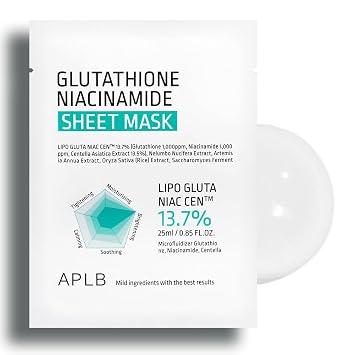 APLB Glutatión Niacinamida Hoja Máscara 10pcs | LIPO GLUTA NIAC CEN™ 13.7% 0.85 FL.OZ/Cuidado de la Piel Coreano, Hidratación profunda y calmante, Piel sensible, Mejora la elasticidad de la piel