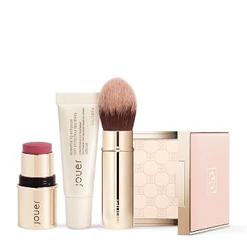 Jouer Les Must-Haves Starter Set | Polvo fijador translúcido, brocha de maquillaje, rubor en crema y barra de lápiz labial, y juego de maquillaje para labios | Valor de $115