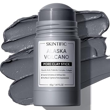 SKINTIFIC Mascarilla facial para limpieza profunda de poros negros, máscara de barro con arcilla natural de volcán de Alaska, exfoliante suave, suavizante, no seca