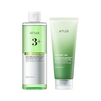ANUA Dúo imprescindible para el cuidado de los poros, espuma de limpieza profunda de quercetinol Heartleaf y ácido azelaico 3 CICA, tóner aclarador de la piel, limpieza de poros y cuidado del