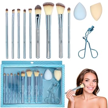 Kit de brochas de maquillaje Blue Glam de 12 piezas - Cepillos cosméticos