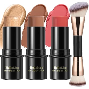 Kit de maquillaje en barra de contorno en crema de 3 piezas, tonos con iluminador, rubor y bronceador para esculpir las mejillas, impermeable, acabado mate y húmedo (mediano, #04+#07+#14)
