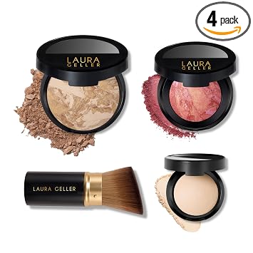 LAURA GELLER NEW YORK Kit de Rutina Diaria (4 PC): Base Baked Balance-n-Brighten, Medium + Brocha Kabuki Retráctil + Blush-N-Brighten, Tropic Hues + Resaltador Original Baked, French Vanilla
