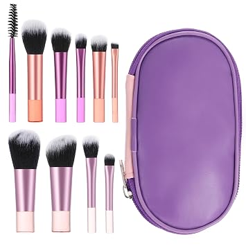 Juego de 10 brochas de maquillaje de viaje con bolsa, pinceles de maquillaje de mango corto para mujeres y niñas, kit cosmético portátil de función completa, kit cosmético, rubor, polvo, sombra de ojos