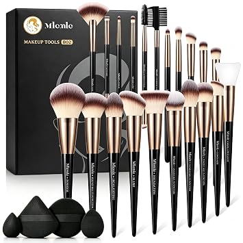 Mlemle - Juego de brochas de maquillaje profesional de 25 piezas, incluye corrector de base en polvo, sombras de ojos, 21 brochas de maquillaje y 2 esponjas de polvo, 2 esponjas de maquillaje (B02-negro crema)